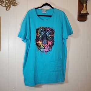 Vintage 80's Style Rainbow Tiger Neon Blue Long T-Shirt Cover Up Medium